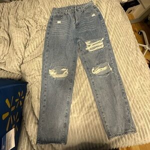 High rise straight leg distressed jeans